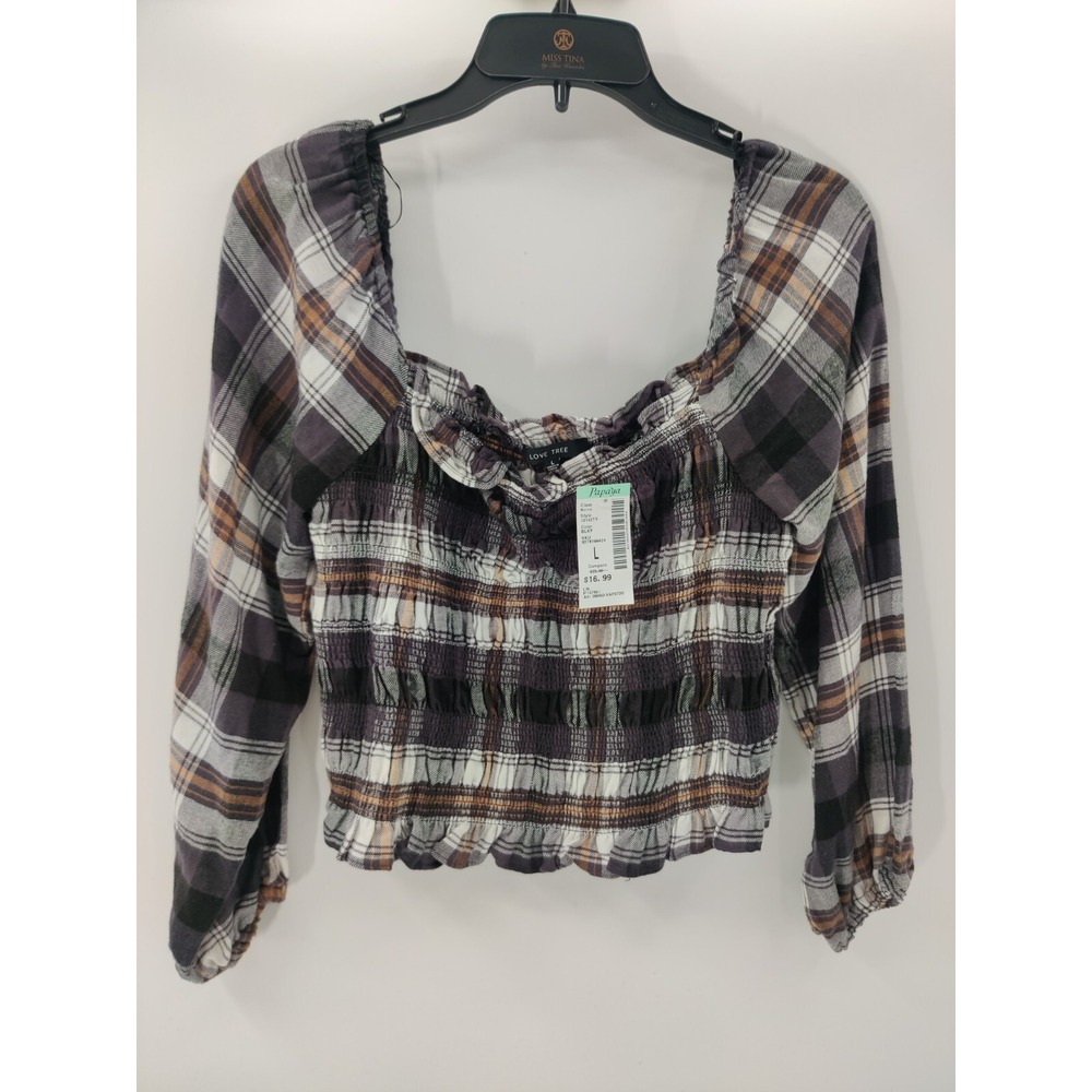Love Tree Womens Plaid Smocked Long Sleeve Square Neck Top Purple Brown NWT Sz L